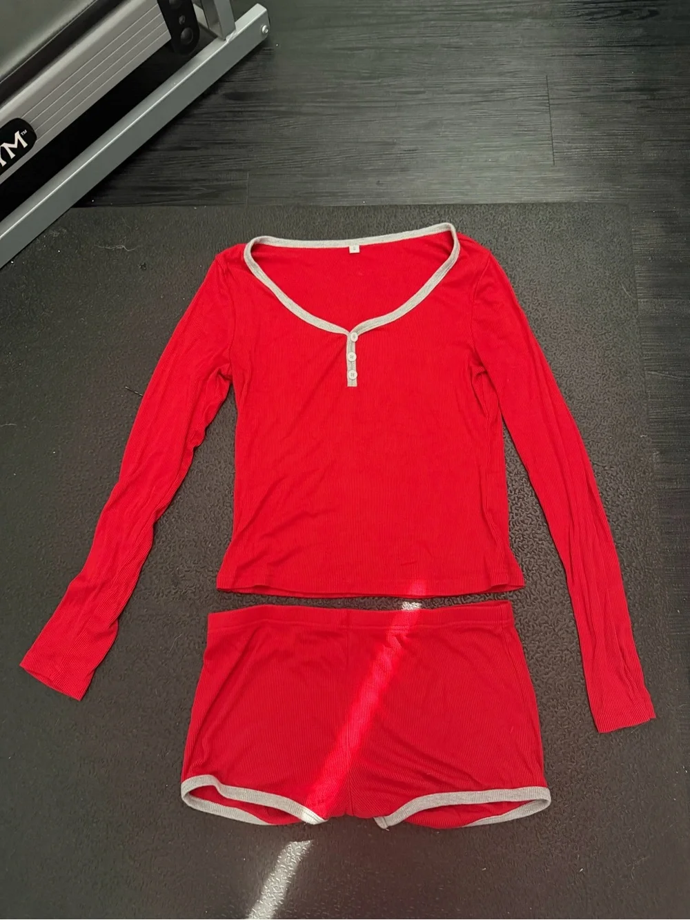 Women’s Red Long-Sleeve Henley Top & Shorts Sleep Set